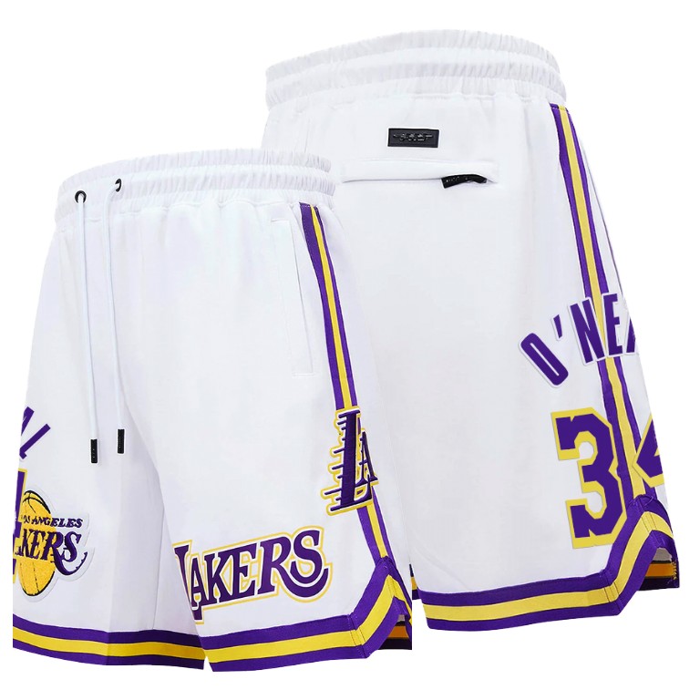 Men's Los Angeles Lakers Shaquille O'Neal #34 NBA Pro Standard Chenille Icon Edition White Basketball Shorts HAU3683YM